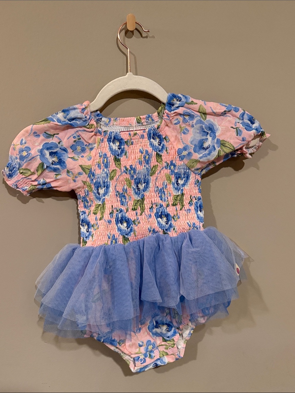 cheeky plum Pink Floral Smocked Tulle Tutu Dress with Blue Flowers